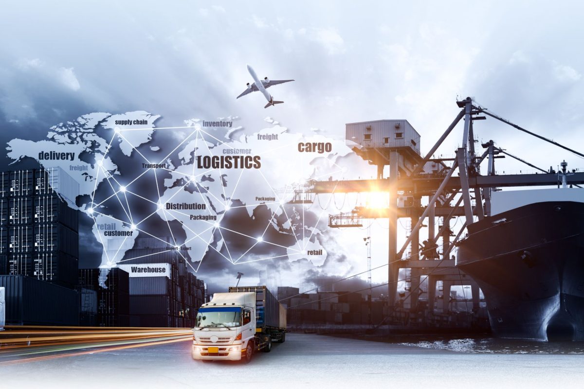 World map with logistic network distribution on background. Logistic and transport concept in front Logistics Industrial Container Cargo freight ship for Concept of fast or instant shipping, Online goods orders worldwide